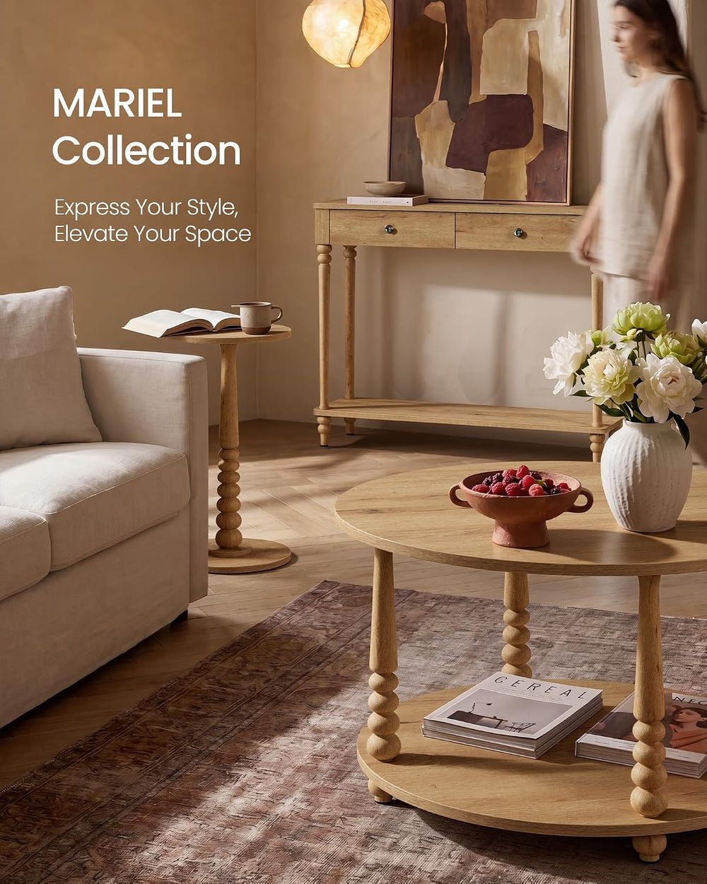 VASAGLE 2-Tier Round Coffee Table with Storage, Solid Wood Legs