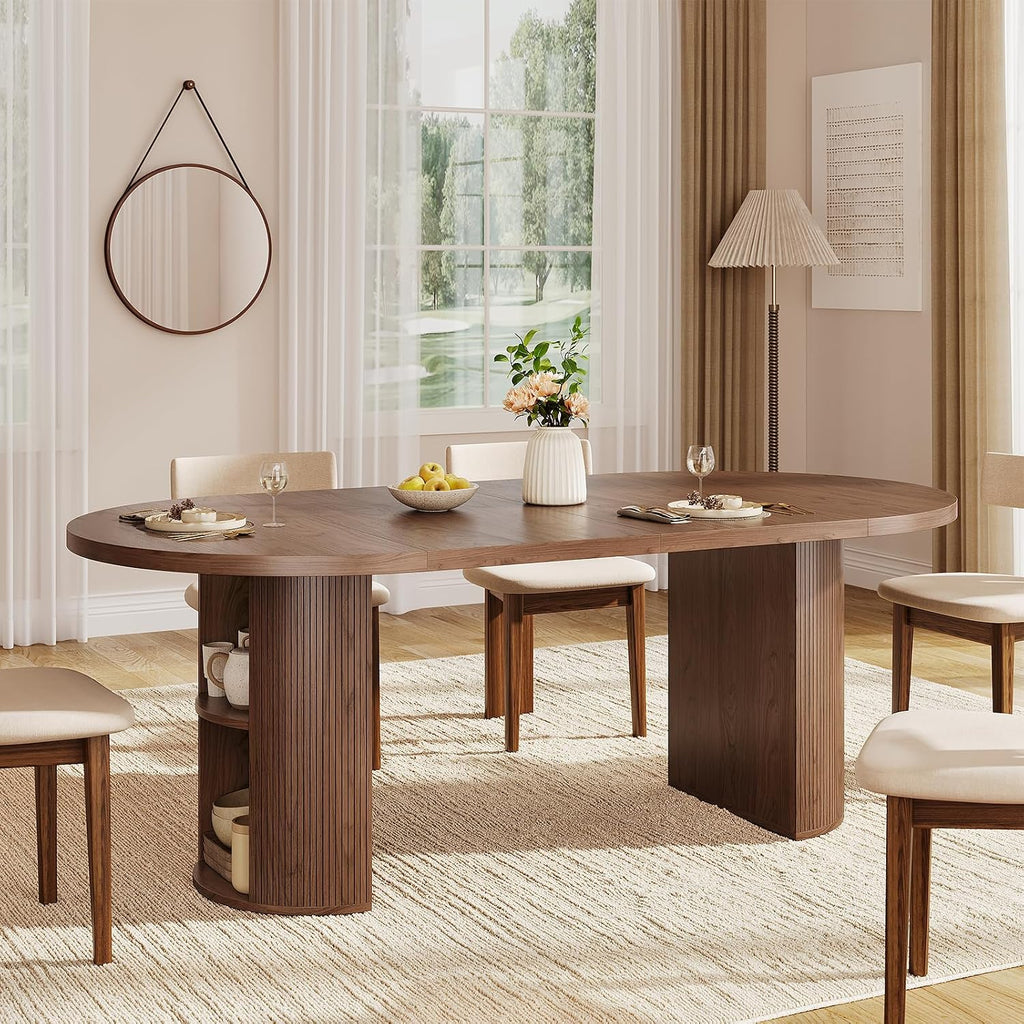 ONBRILL 41-78 Inch Extendable Dining Table for 4-8, Storage Shelf, Walnut