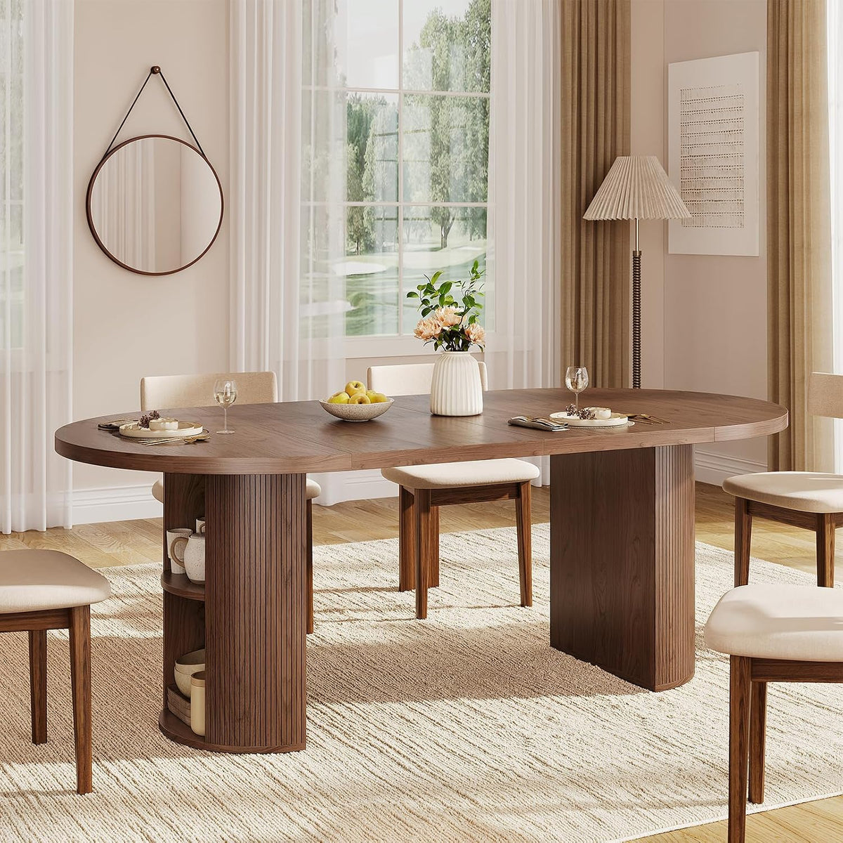 ONBRILL 41-78 Inch Extendable Dining Table for 4-8, Storage Shelf, Walnut