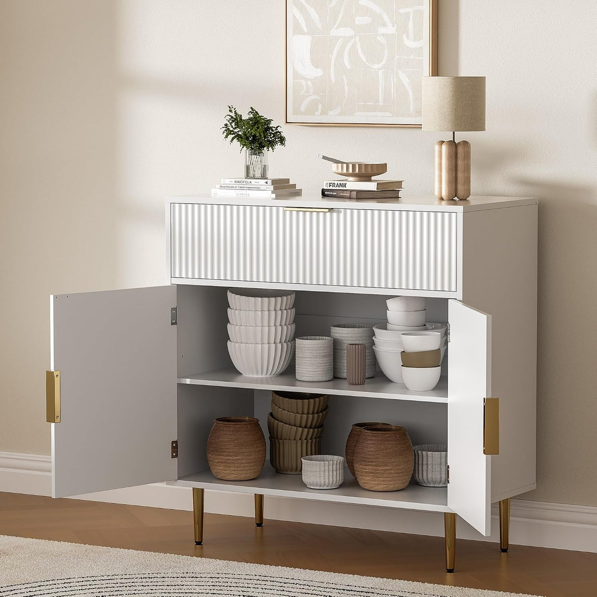 Housoul Sideboard Buffet Cabinet with 2 Doors and Large Drawer, White