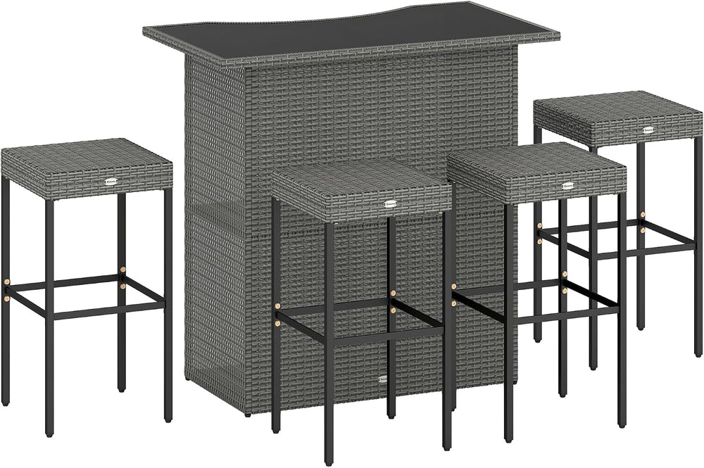 Outsunny 5 Piece Wicker Outdoor Bar Set with Glass Table Top Dark Gray