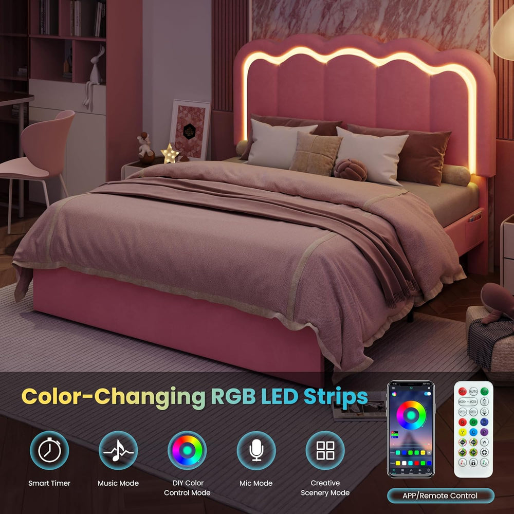 SHA CERLIN Queen Size Bed Frame with LED Lights and Storage Drawer, Pink