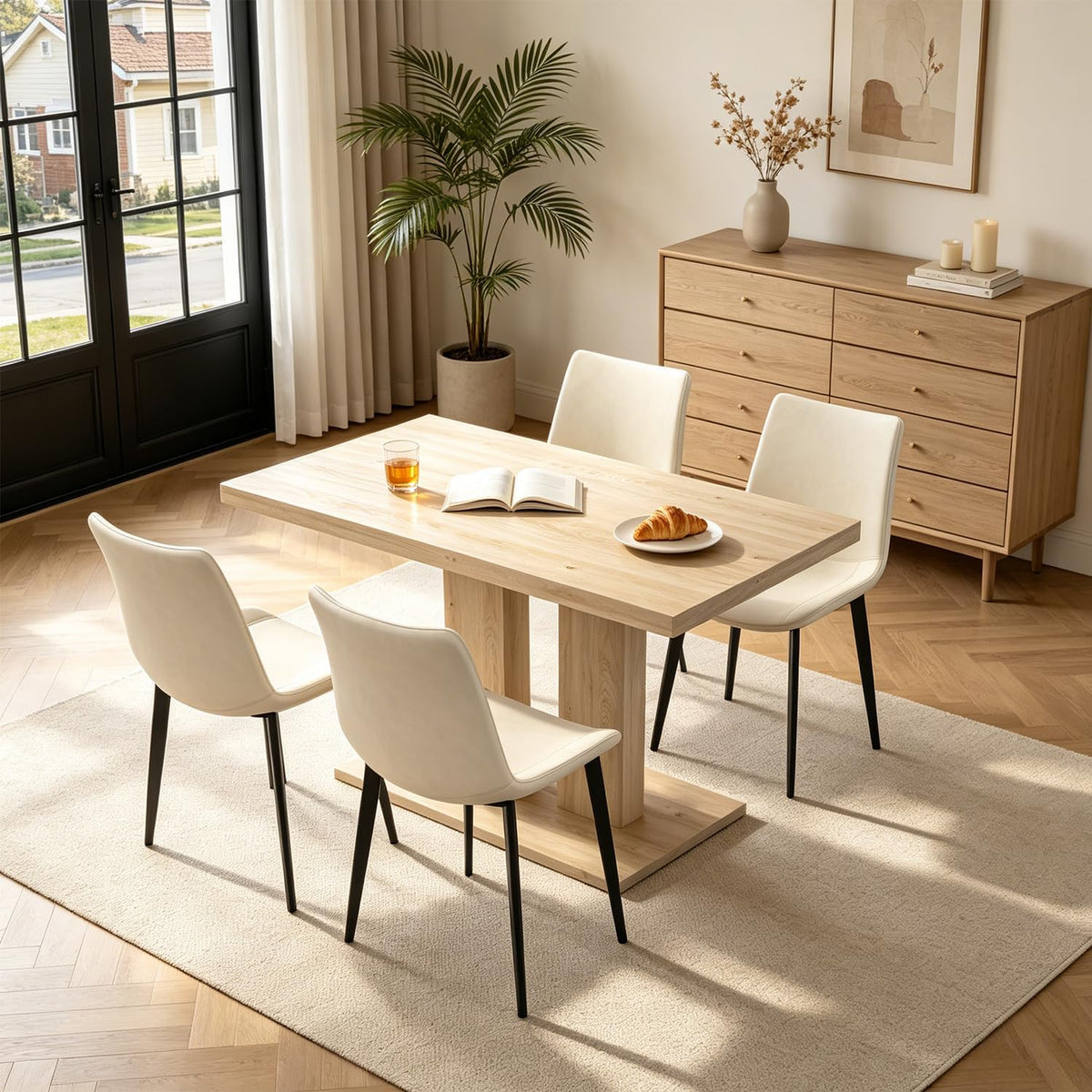 Modern Dining Table Set for 4, 46" Pedestal Kitchen Set, Natural
