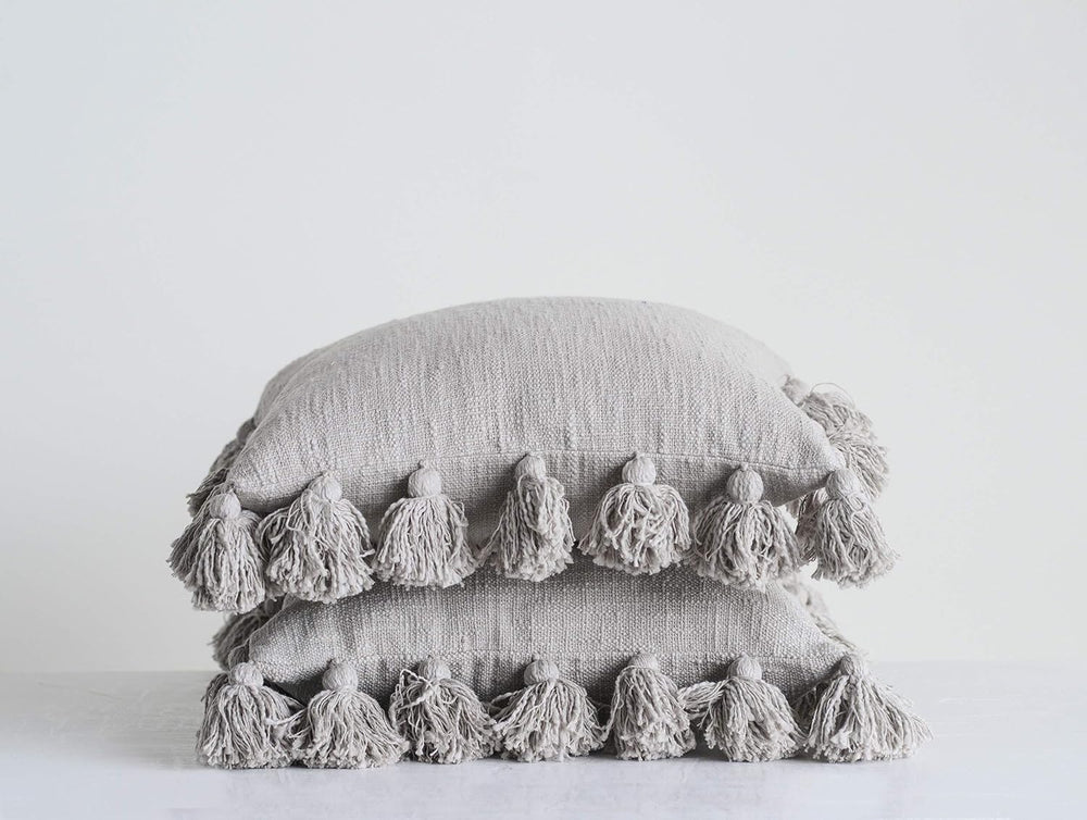 Grey Square Cotton Pillow with Tassels