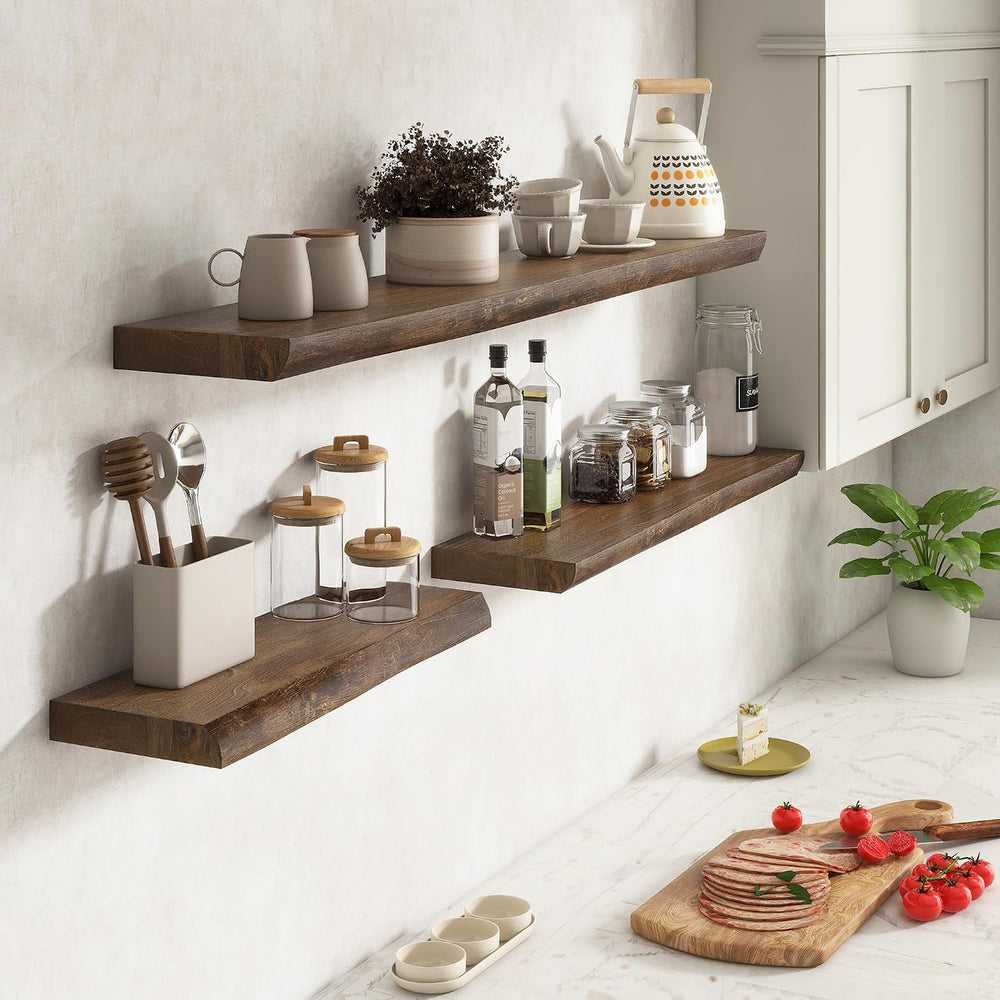 Solid Wood Floating Shelves 24 Inch, Live Edge, Heavy-Duty, Walnut, 2pcs