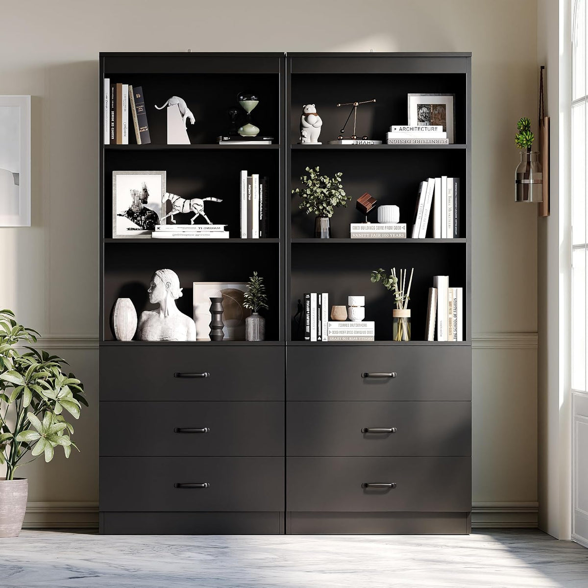 70" h black bookshelf with drawers, tall bookcase showing dimensions