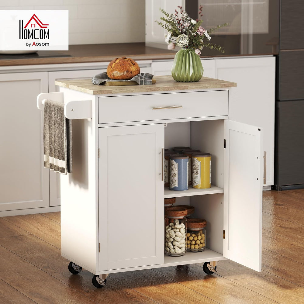 HOMCOM Kitchen Island Cart with Solid Wood Top, Storage Cabinet, White