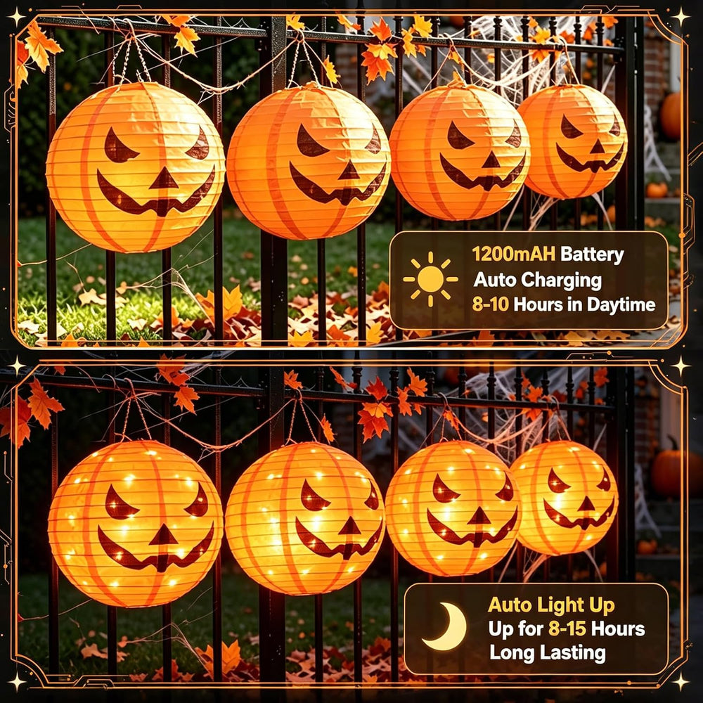HUGSVIK 4Pcs Solar Pumpkin Lantern Outdoor Hanging Halloween Decorations