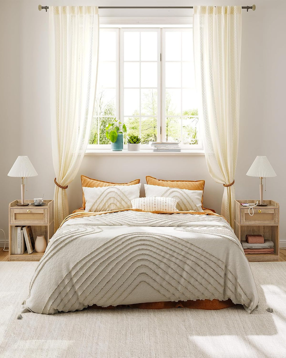 CHOEZON Nightstand with Charging Station, Side Table with Rattan-Style Drawer...