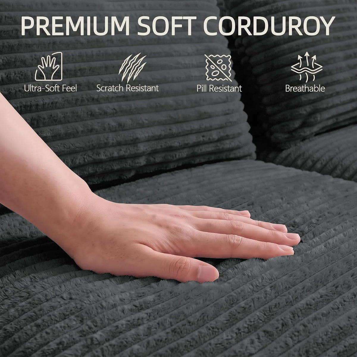 107" L-Shaped Modular Sectional Sofa with Movable Ottoman, Oversized Boneless Couch with Storage for Living Room, Corduroy Cloud Couch with High-Back Extra Deep Seats, No Assembly, Dark Grey