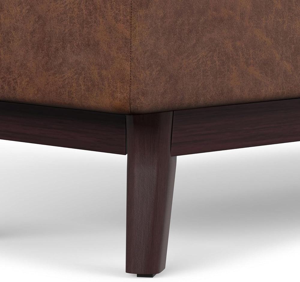 SIMPLIHOME Owen 48" Wide Vegan Leather Lift Top Ottoman in Saddle Brown
