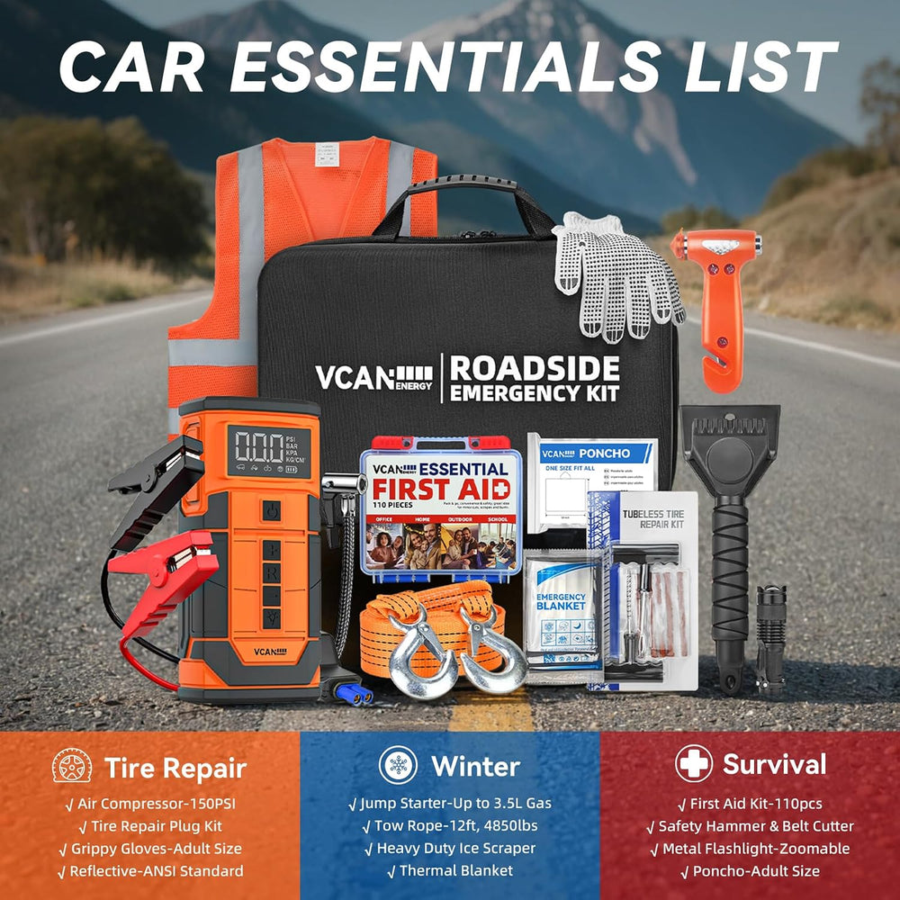 Jump Starter with Air Compressor, VCANENERGY Roadside Emergency Car Kit with ...