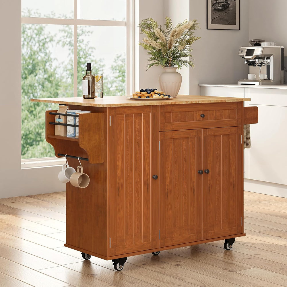 Ahomly Rolling Kitchen Island with Storage, Drop Leaf and Drawer, Brown