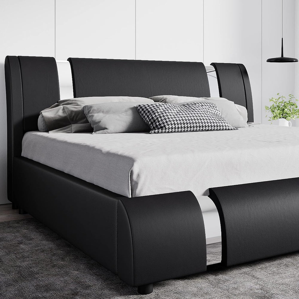 SHA CERLIN Queen Bed Frame with Iron Pieces Decor, Faux Leather, Black