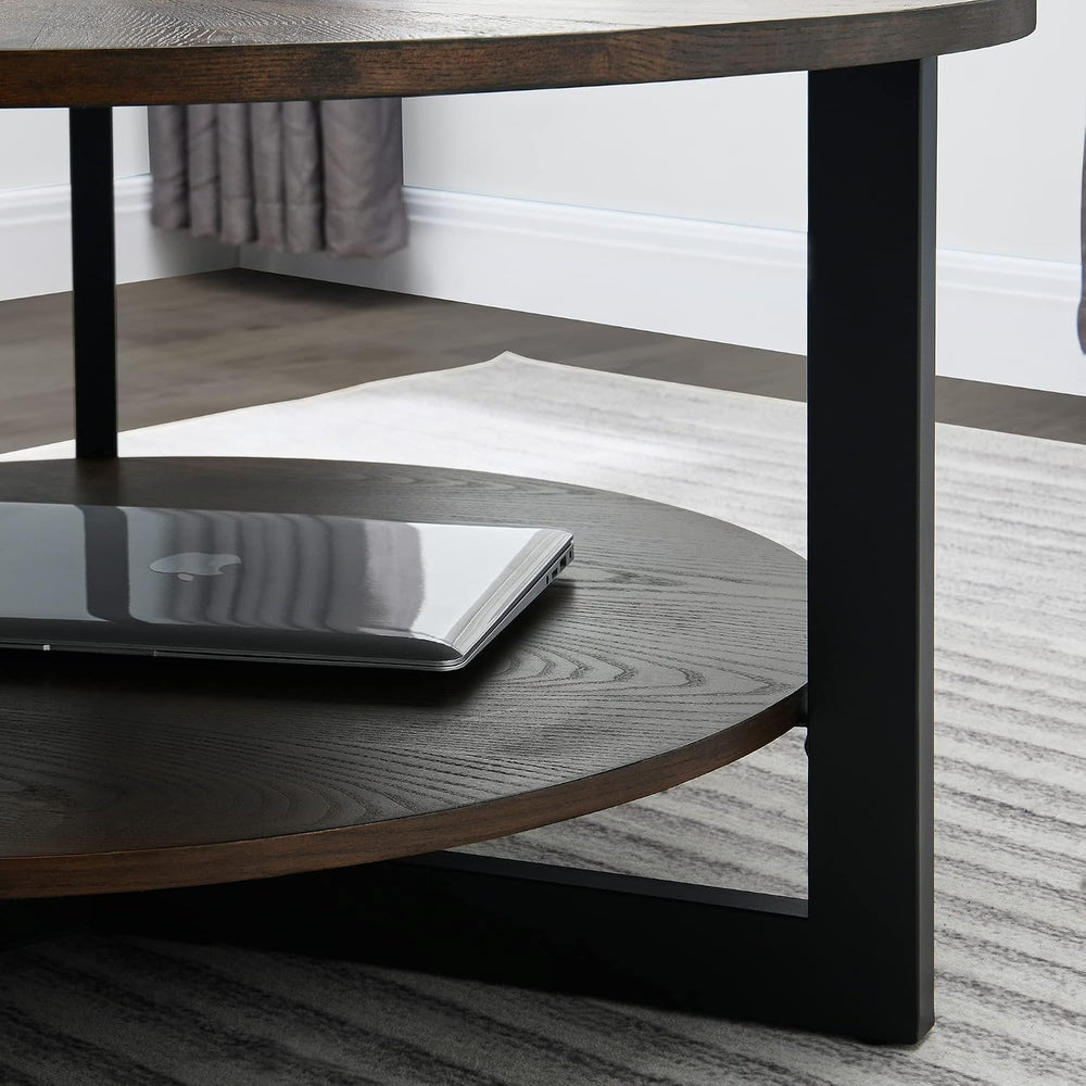 Round Coffee Table with Storage Shelf, Farmhouse Living Room Cocktail Black M...