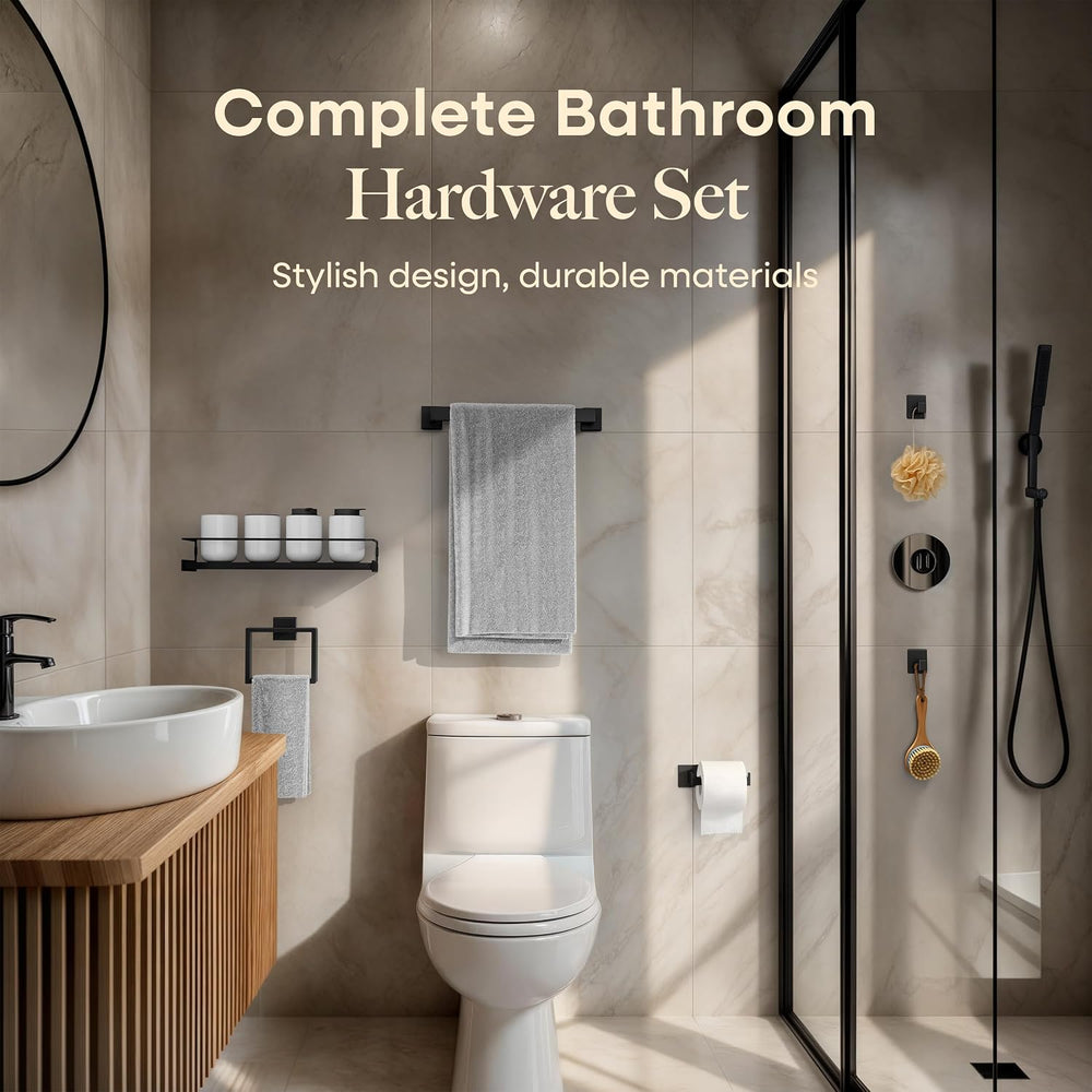 Black Bathroom Hardware Set, 5-Piece + 15.7" Shelf & 2 Adhesive Robe...