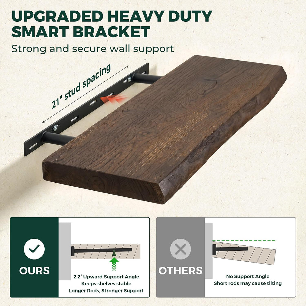 24in Live Edge Solid Elm Floating Shelves, Walnut, Set of 2