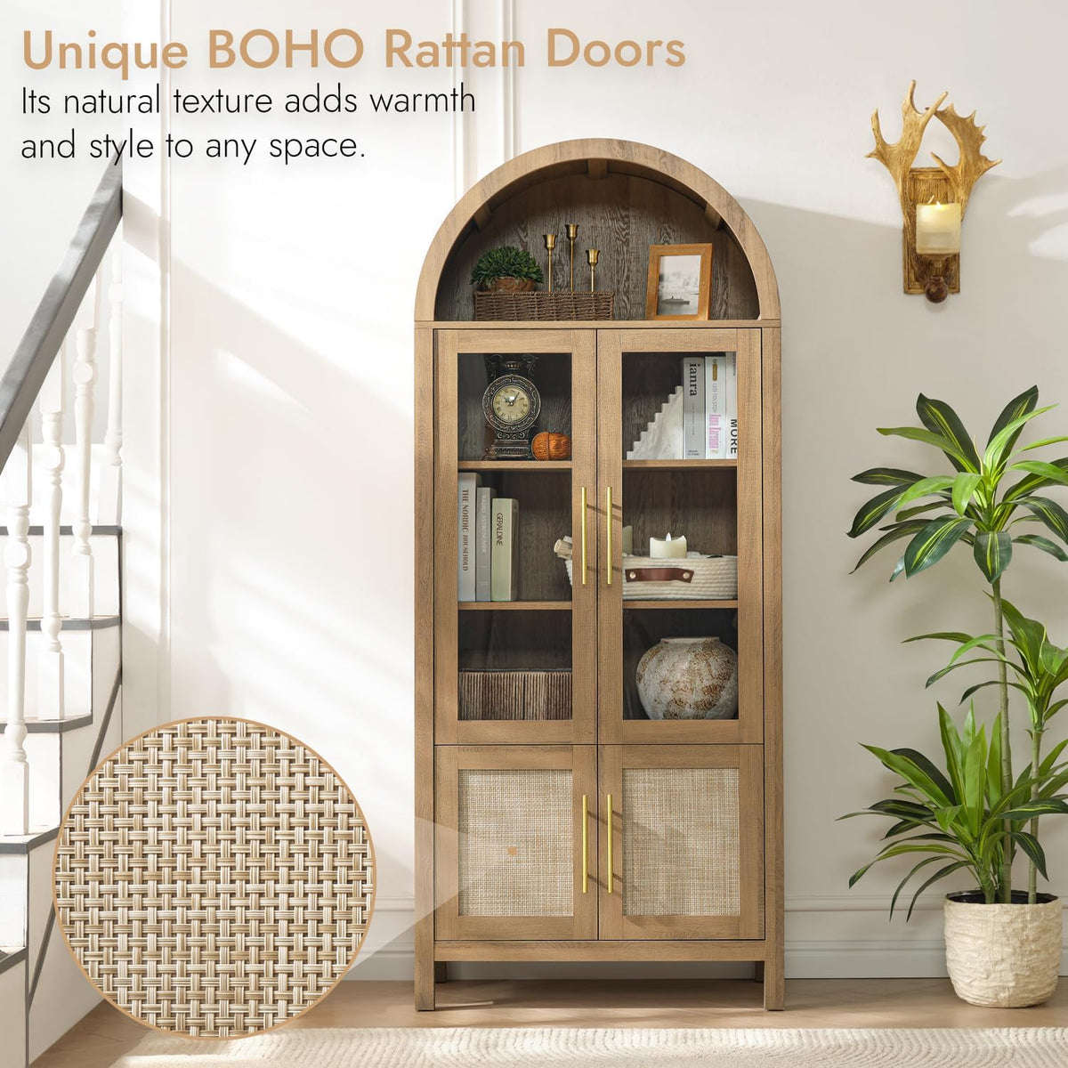 71" tall arched display cabinet with glass doors, side view