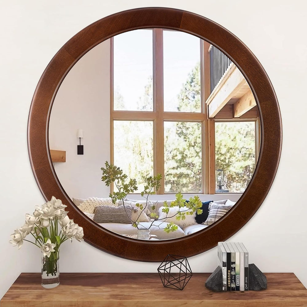 Round Mirrors 30 Inch,Wood Vanity Wall Rustic Mirror With Walnut Frame