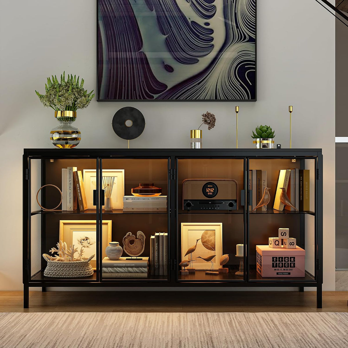 Homsee Storage Cabinet with 3-Color LED Lights, Glass Shelves & 4 Compartments, Sideboard Buffet with Solid Metal Legs, Modern Display Cabinet for Living Room Dining Room, Black