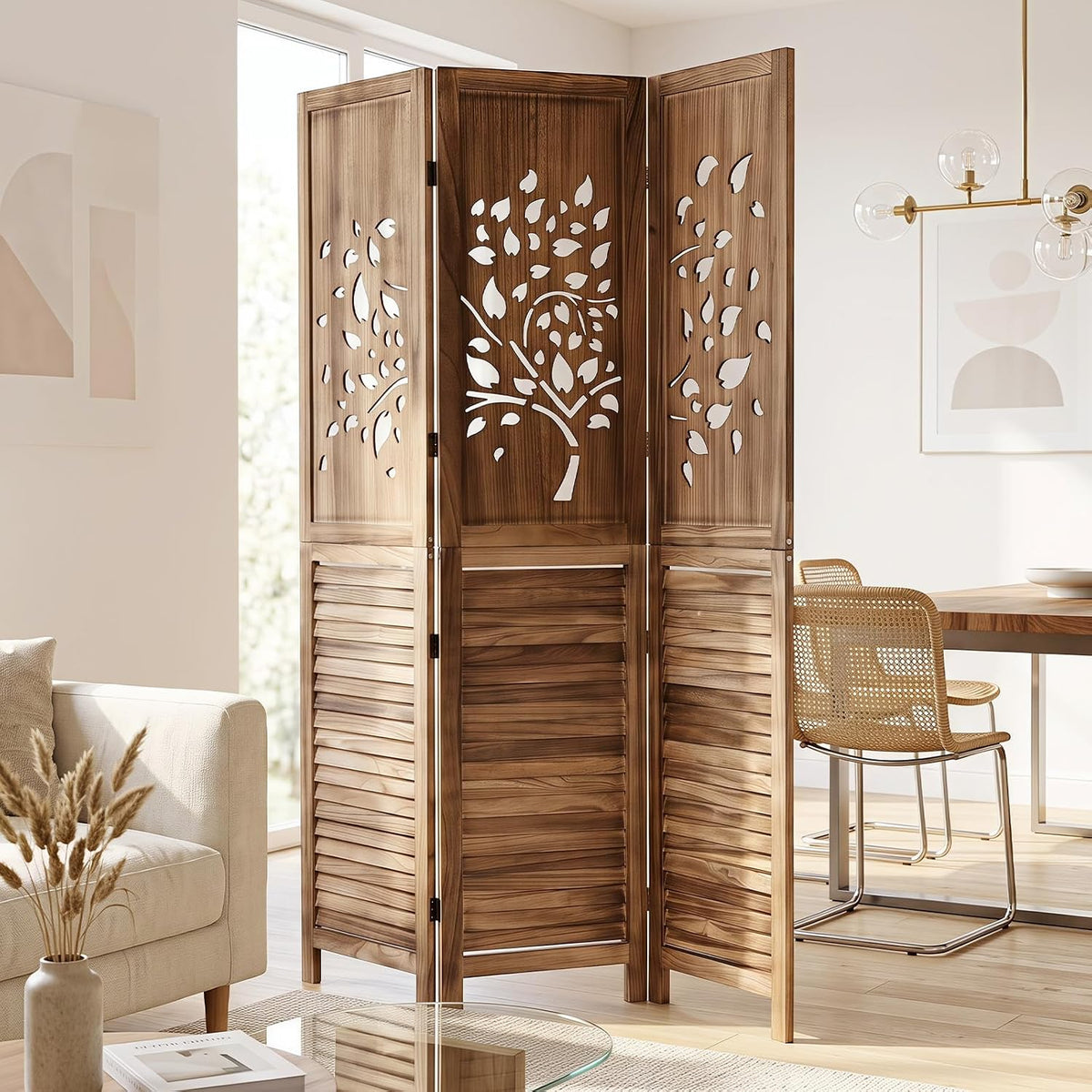 GIANTEX 3 Panel Folding Room Divider with Tree Leaf Cutout & Louvered Slats
