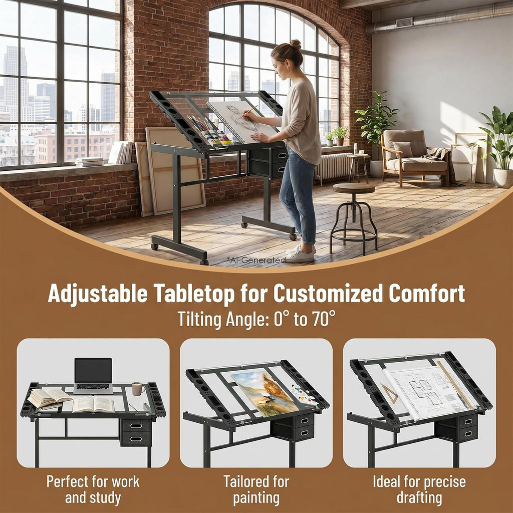 Rolling Drafting Table on Wheels, Painting Table Art Craft Desk Crafting Table with Tilting Transparent Tempered Glass Top, 2 Fabric Storage Drawers and 4 Wheels (Black)