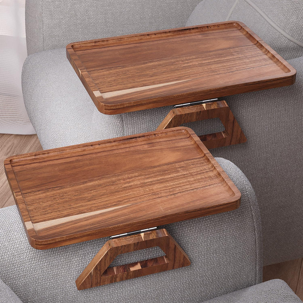 2 Packs Acacia Wood Couch Arm Tray，Folding Sofa Armrest Table