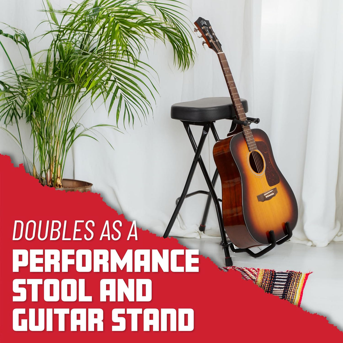 Gator Frameworks Foldable Guitar Stool with Padded Seat and Rear Mounted Guitar Hanger, (GFW-GTRSTOOL)