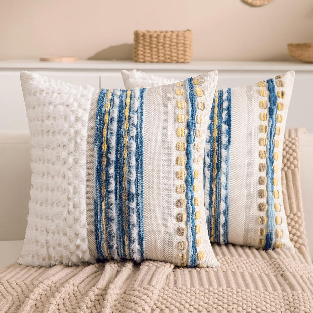 Boho Chenille Tufted Couch Throw Pillow Covers 18x18 Inch Set of 2 Farmhouse ...