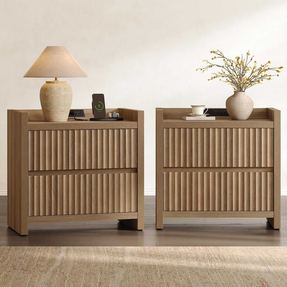 SICOTAS Night Stand Set 2 with Charging Station, Fluted Nightstands