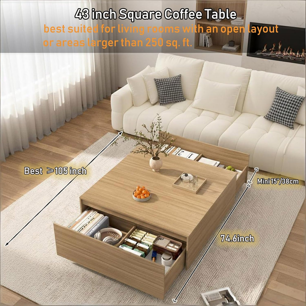 43 Inch Large Square Coffee Table with Storage,Wooden Coffee Table((OAK)