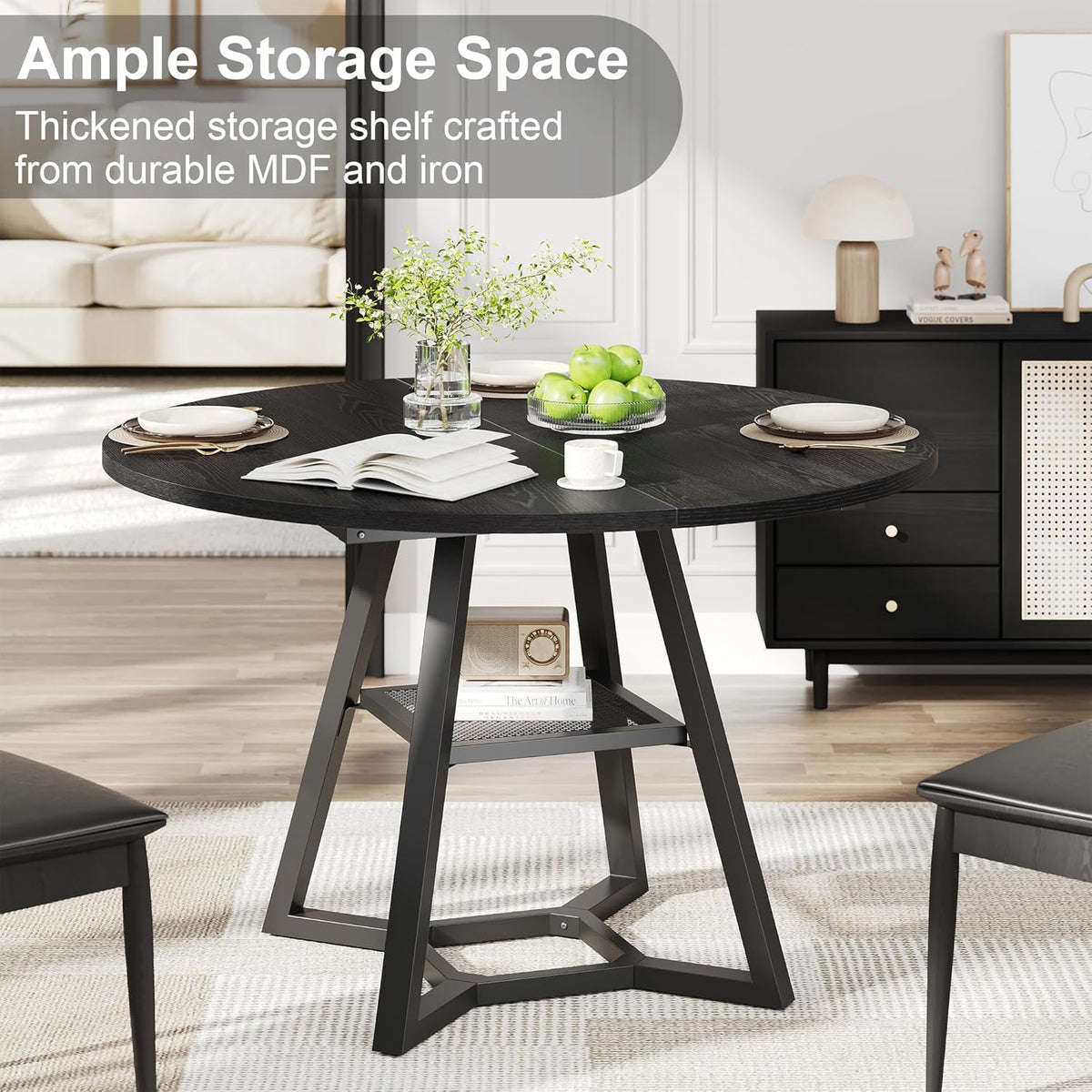 knoworld Round Dining Table for 4, Kitchen Tables Dining Room Circle Dinner Table with Pedestal Metal Frame, Space Saving Wood Industrial Kitchen & Dining Room Tables (Black, 43In)