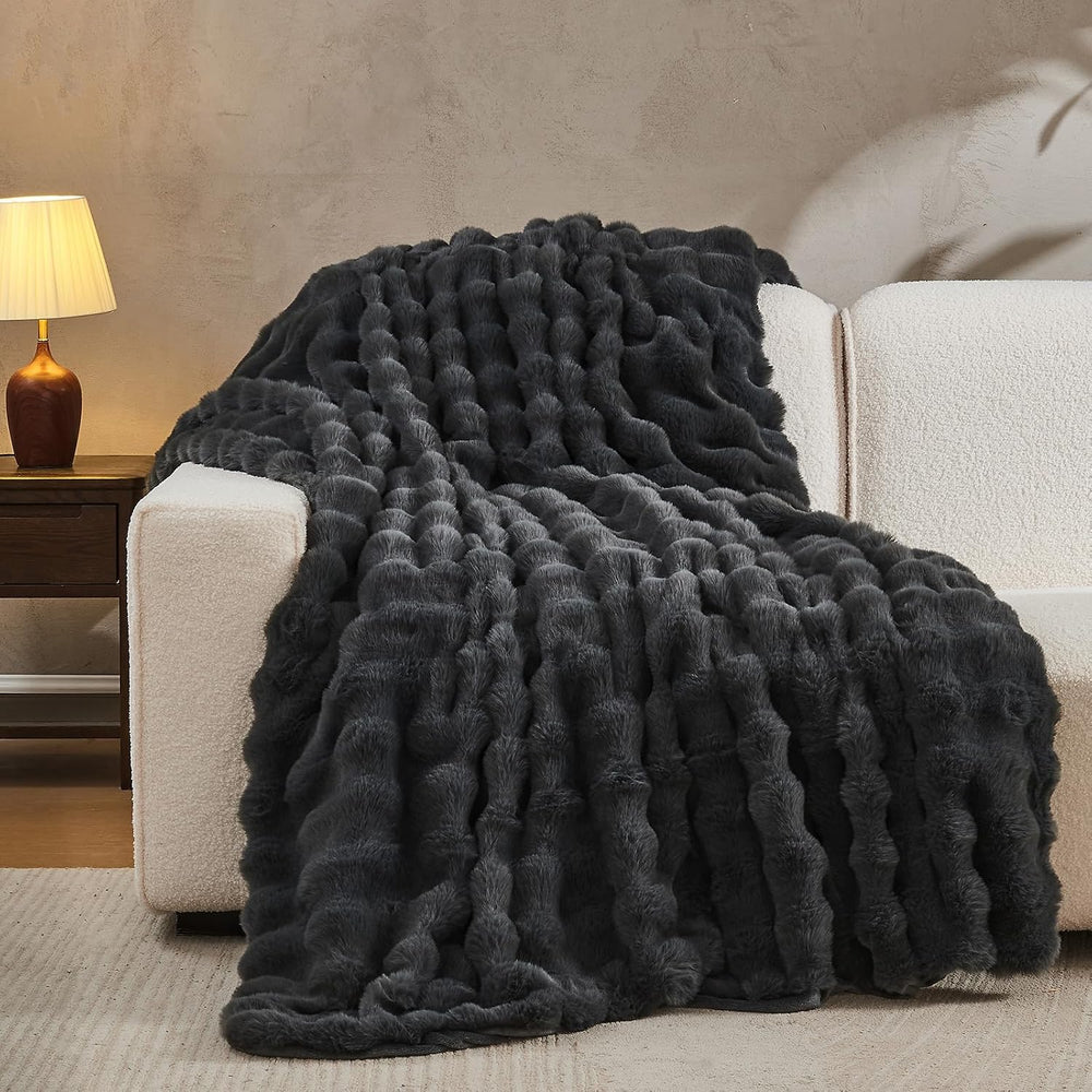 Lotus Karen Faux Fur Blanket Dark Gray Twin Size - Big Bubble Rabbit Fluff Th...