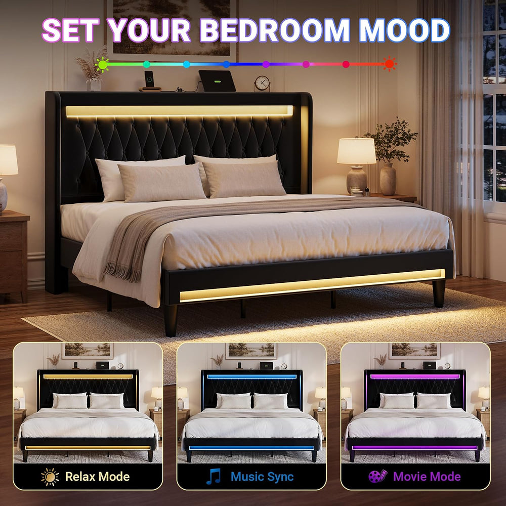 Allewie King Size Upholstered Bed Frame with LED & Charging Station, Black