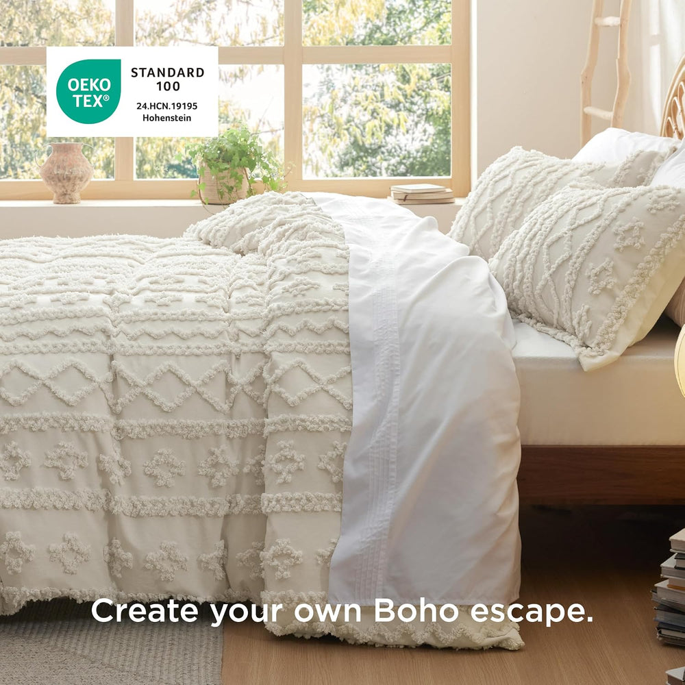 Bedsure Boho Duvet Cover Queen, Tufted Embroidery, 3-Piece, Beige