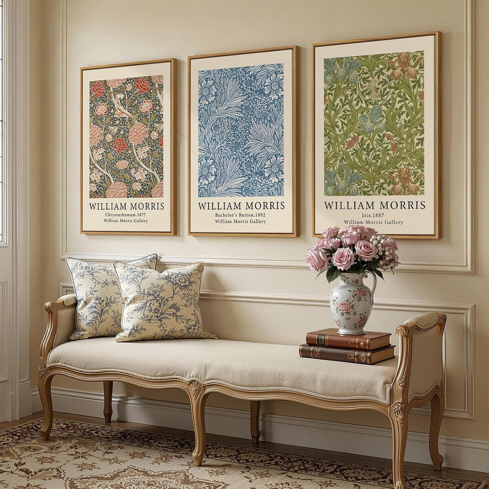 Large Framed William Morris Botanical Wall Art for Living Room, 3 Piece