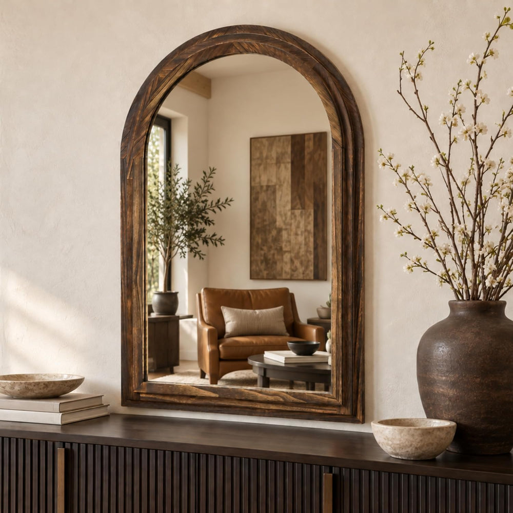 Perfnique Arched Bathroom Mirror, 36"x24" Solid Wood Frame Vanity M...