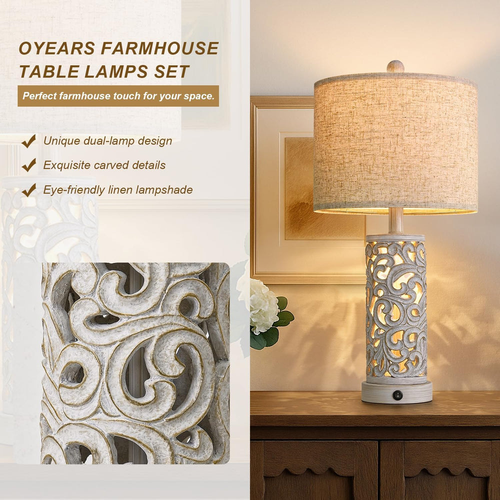 OYEARS Bedside Table Lamps Set of 2 with Night Light, 22'' Distressed...