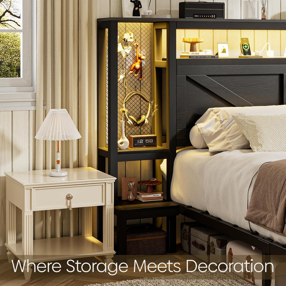 Queen Size Rustic Bed Frame with Storage Born Door Headboard and Bedside Stor...