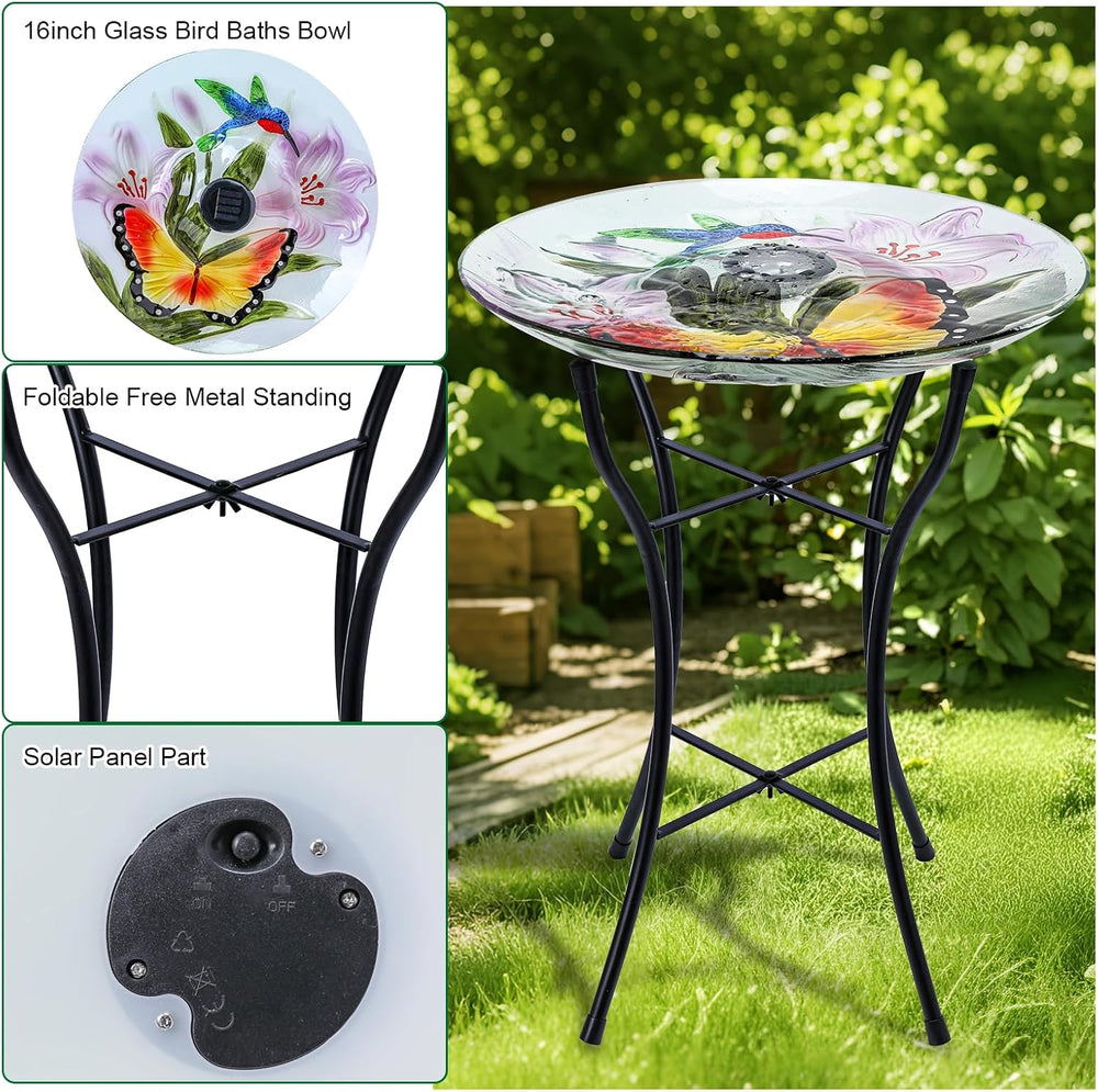 MUMTOP Outdoor Glass Bird Bath Solar Birdbath with Metal Stand Garden Decor