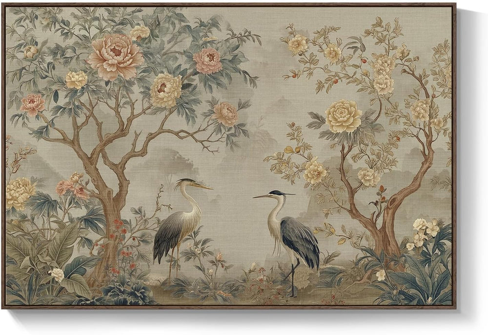 Extra Large Framed Neutral Chinoiserie Wall Art for Living Room, 72x48 Inch