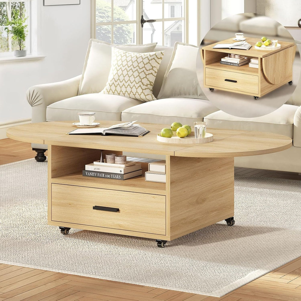IBF 47" Foldable Coffee Table for Living Room with Wheels and Drawer, Oak
