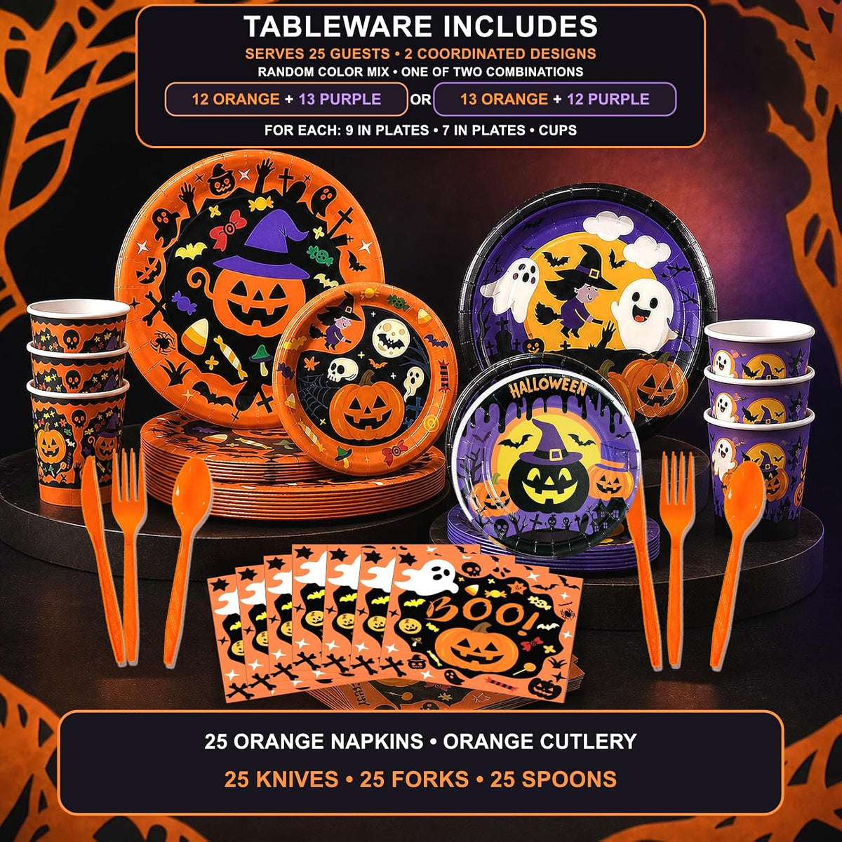 UJoyant 323PCS Halloween Party Decorations Set for 25 Guests, Orange Purple Tableware, 4 Balloon Boxes with 12 Custom-Designed Halloween Panels, Backdrop, Balloons and Photo Booth Props