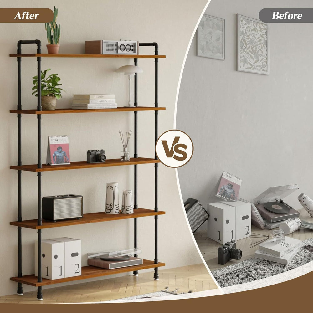 Industrial Bookshelf, Pipe Shelf Bookcase, 5 Tier, 48" Walnut