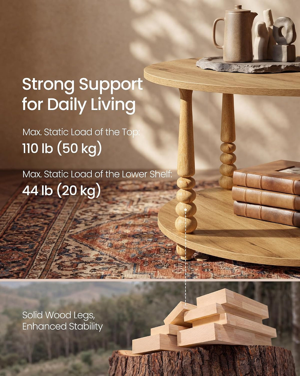 VASAGLE 2-Tier Round Coffee Table with Storage, Solid Wood Legs