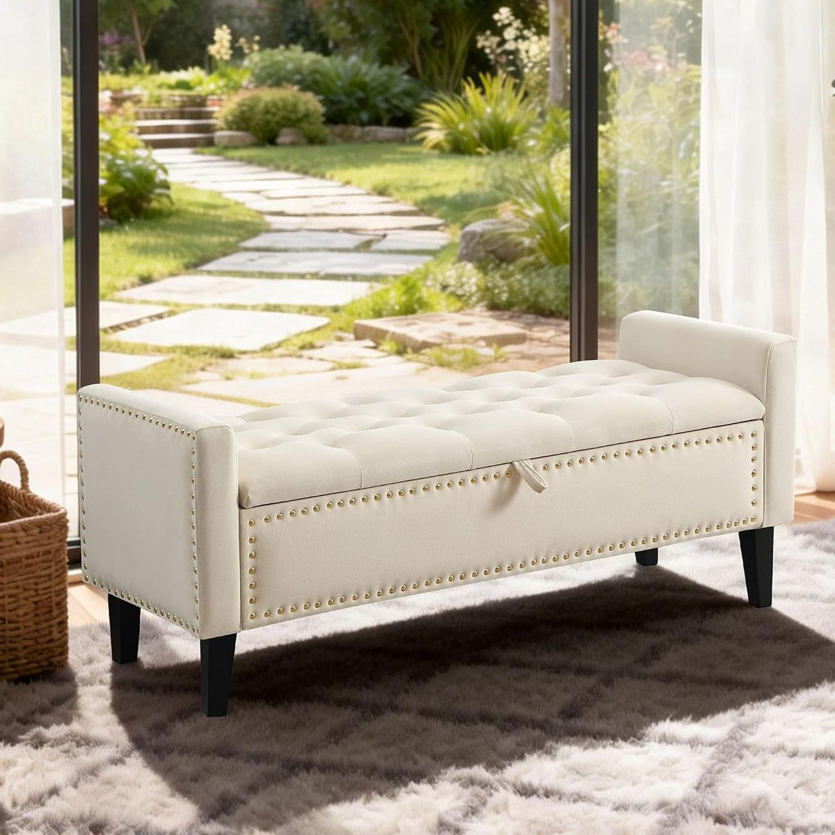 47in Velvet Storage Ottoman Bench with Arms, Upholstered Storage Bench with Wooden Legs, Storage Bench for Bedroom, Living Room, Beige