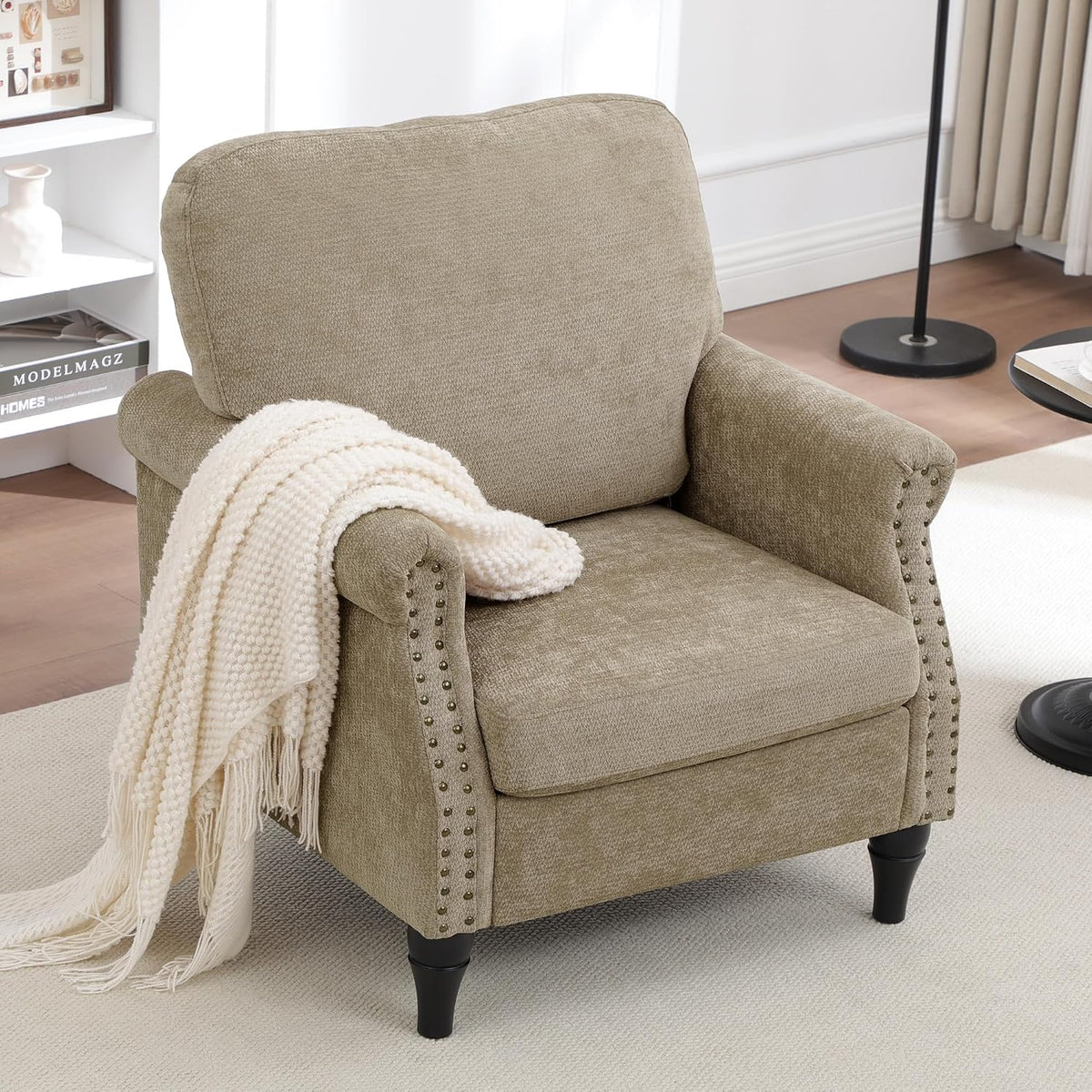 Accent Chair for Living Room, Modern Mid Century Reading Chair Armchair High Back Upholstered Armchair with Wooden Legs for Living Room Bedroom Office (Brown, 2pcs)
