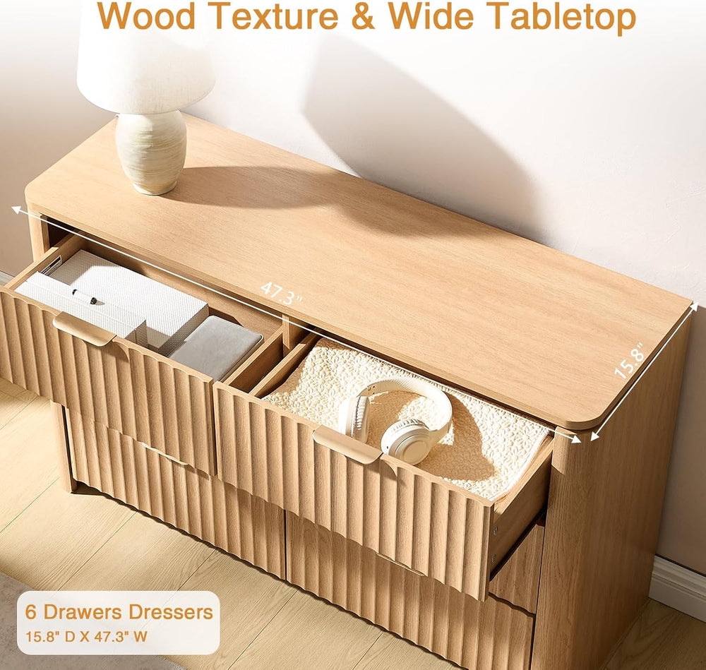 Fluted 6 Drawers Dresser for Bedroom-47.3" Wide Wooden Chest of Drawers ...