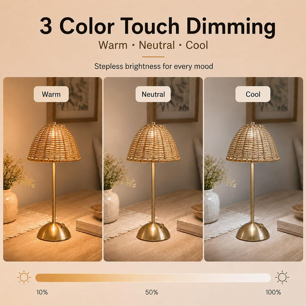 2 Pack Boho Rattan Table Lamp, Cordless Rechargeable Reading Night Light