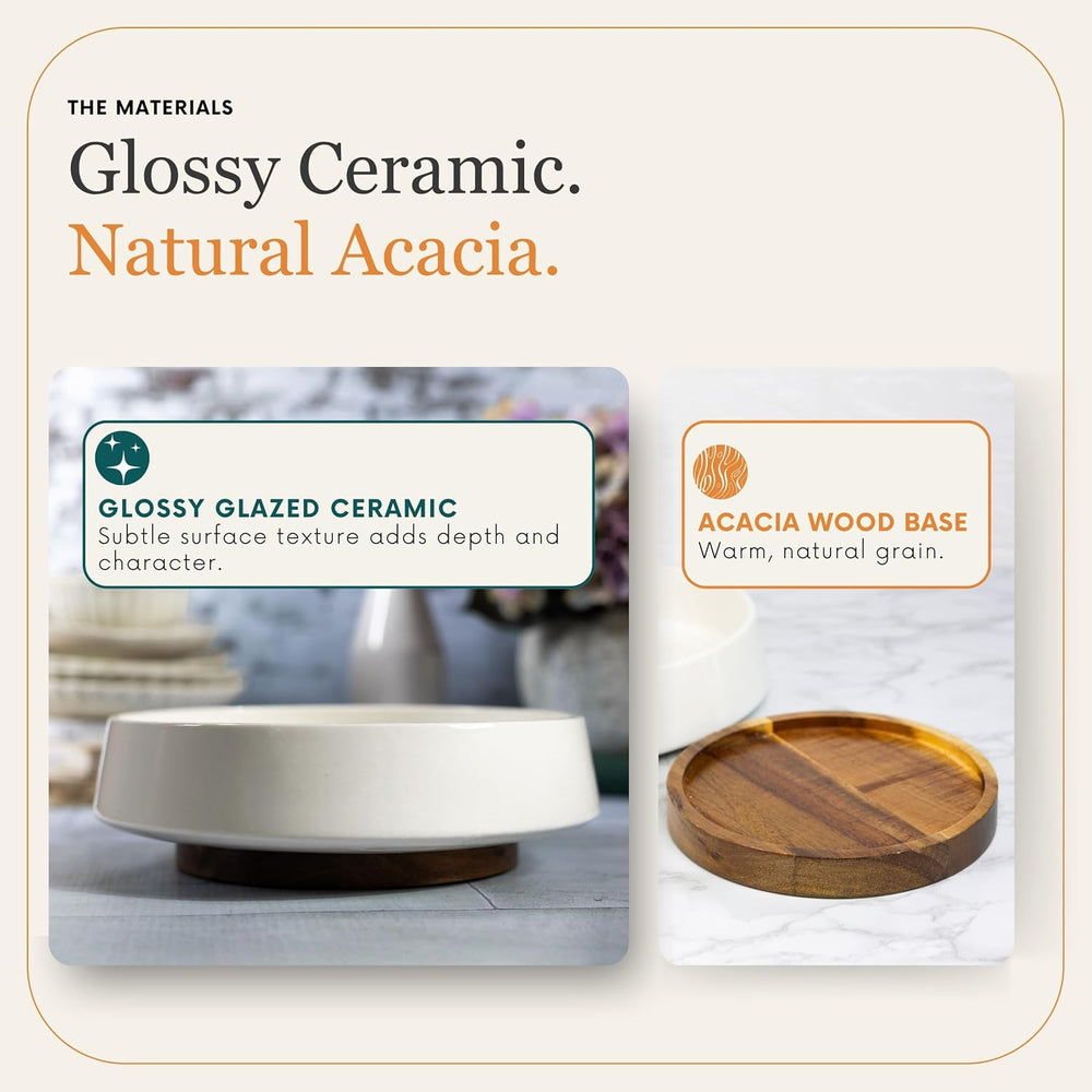 Occasionals Ceramic Decorative Bowl with Acacia Wood Base, 10 Inch White